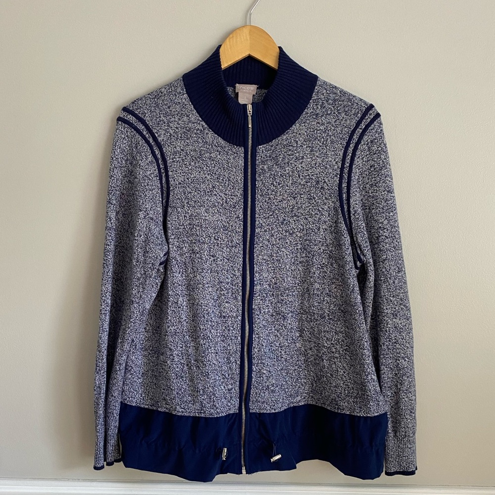 Chico's Zenergy Marled Knit Bomber Sweater Jacket in Tonga Navy Size 2 L…